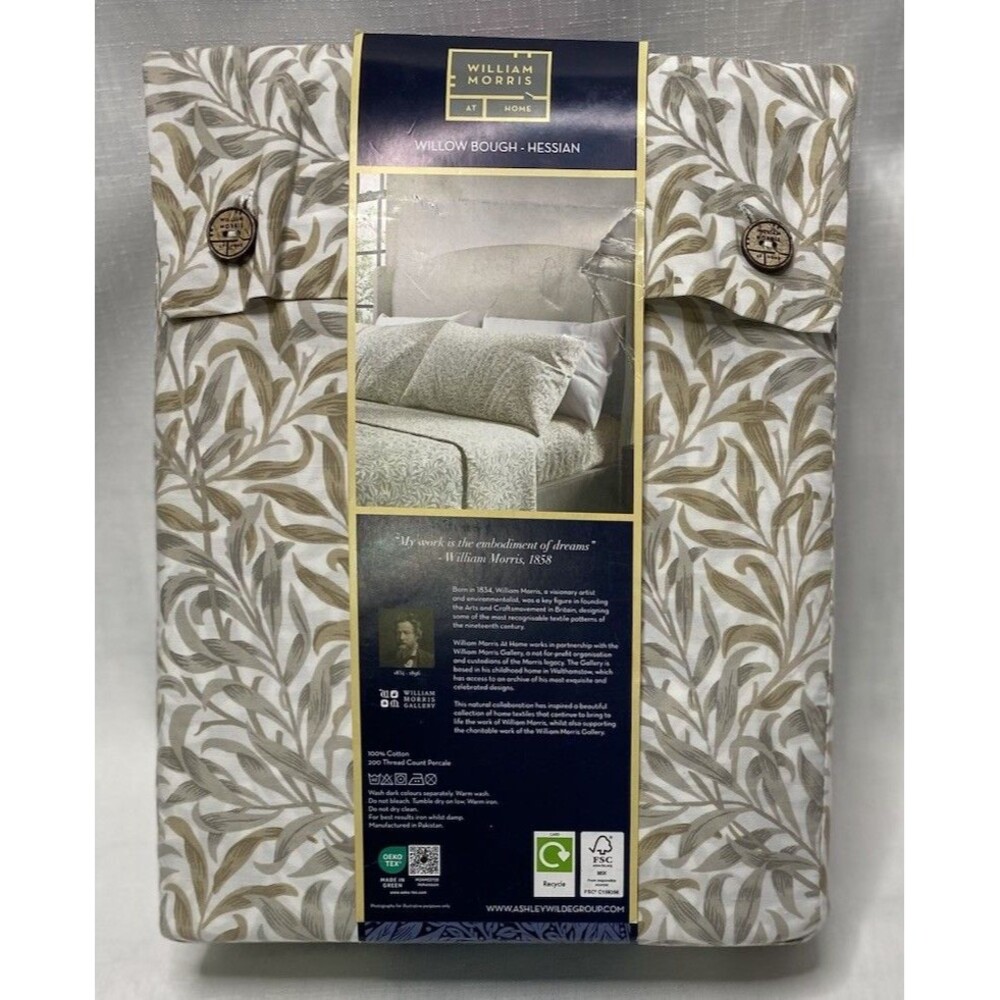 NEW William Morris KING Sheet Set WILLOW BOUGH HESSIAN Tan Gray White